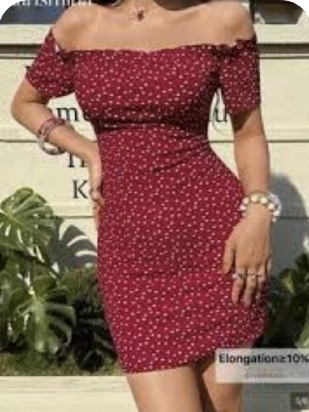 Source Unknown Off-Shoulder Burgundy Mini Dress with White Dots